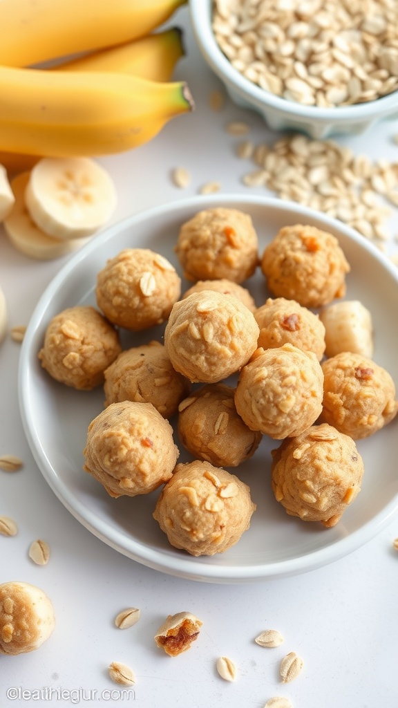 Nutritious banana oat bites for babies, surrounded by fresh banana slices and oats.